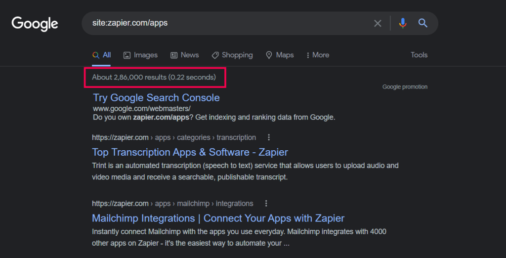 Zapier Number of Pages Indexed in Google