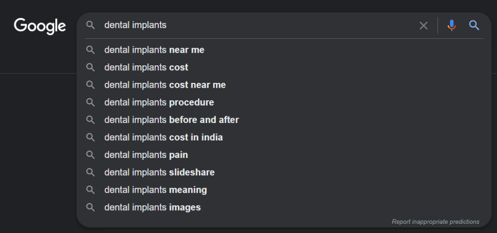 Google Autocomplete for Dental Implant