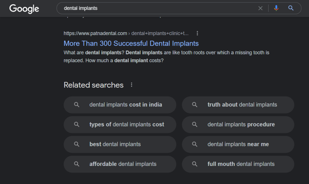 Google related searches for dental implant