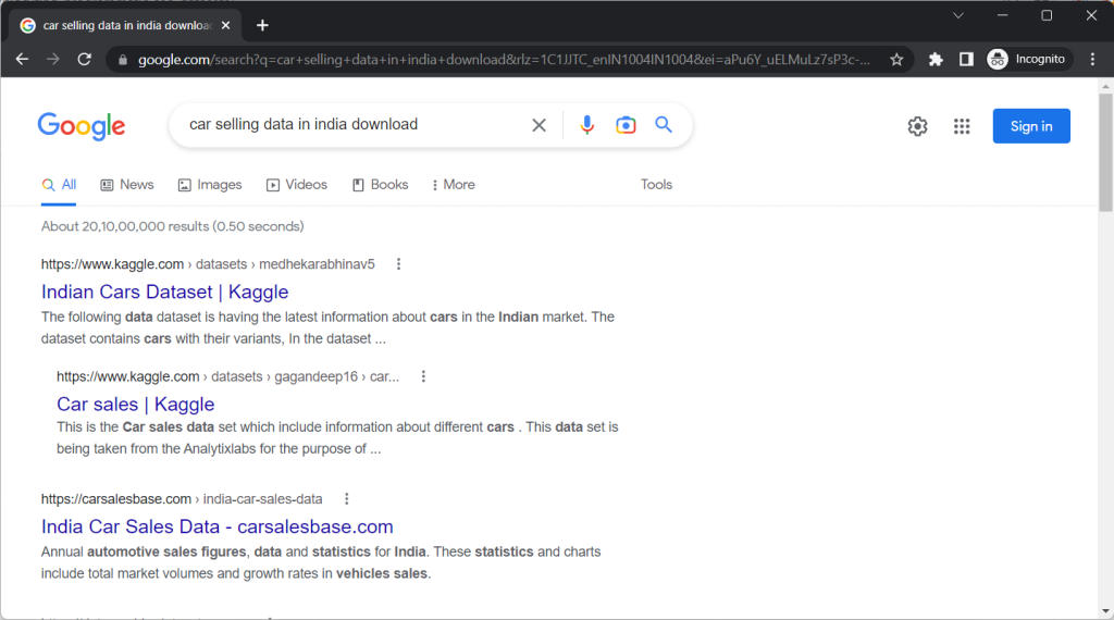 Google results of dataset search
