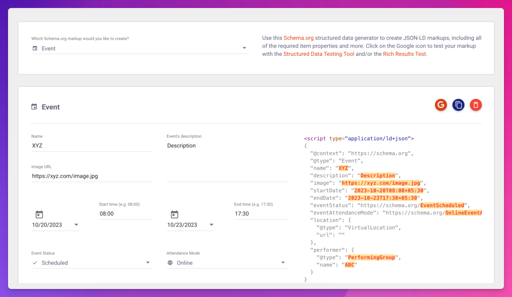 Sample Schema Markup Code for an Event